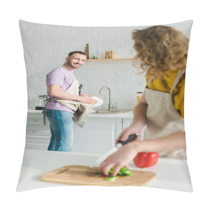 Personality  Selective Focus Of Cheerful Homosexual Man Looking At Curly Partner While Washing Plate  Pillow Covers