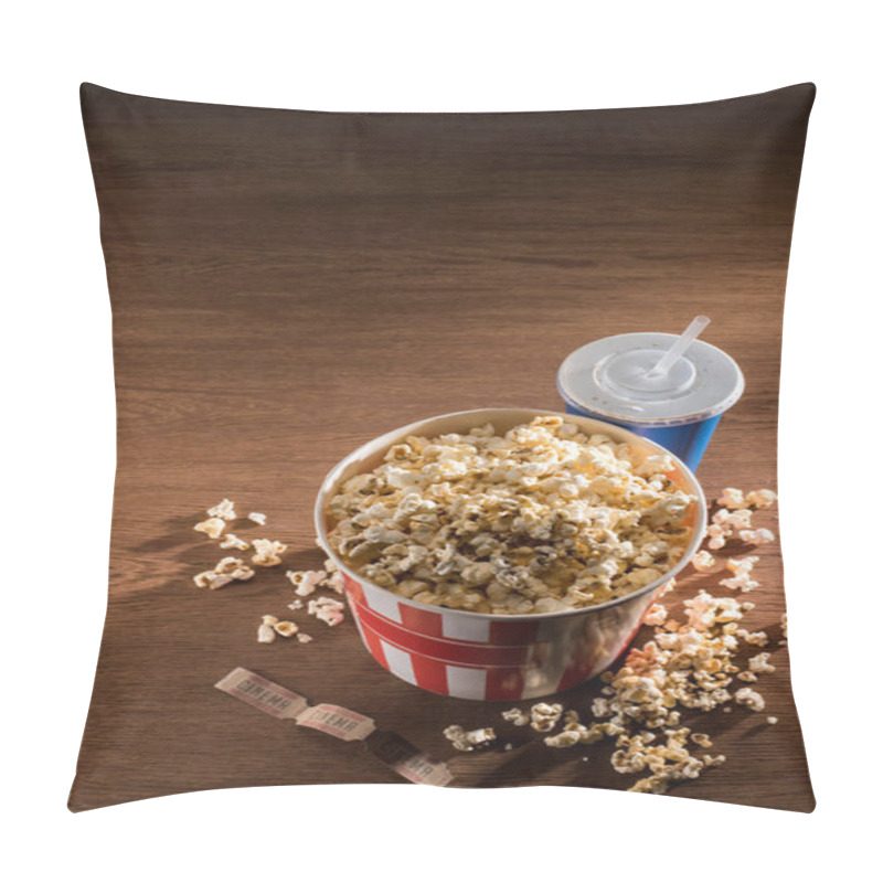 Personality  Close Up View Of Paper Bucket With Popcorn, Soda Drink And Retro Cinema Tickets On Wooden Tabletop Pillow Covers