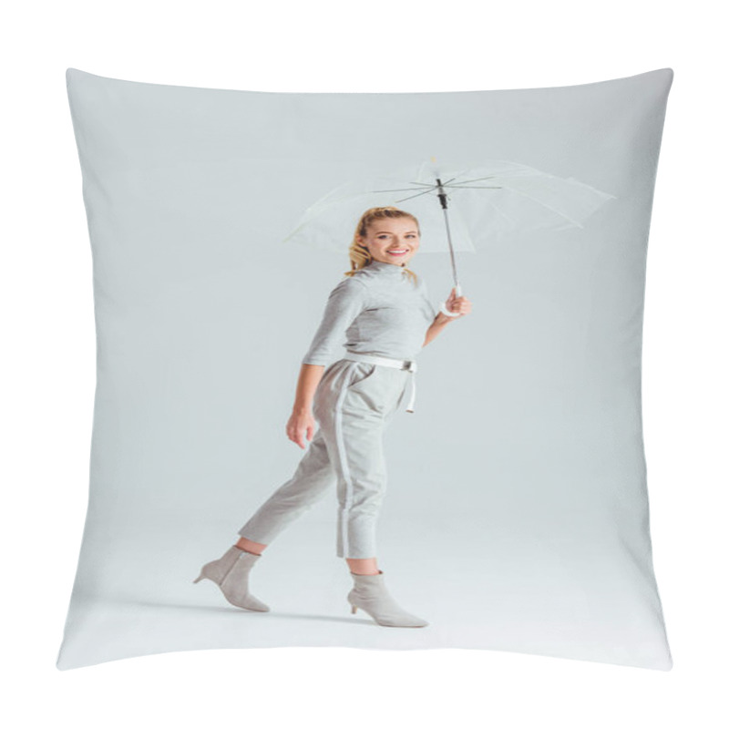 Personality  Woman In Grey Clothes Looking At Camera And Posing With Transparent Umbrella On Grey Background Pillow Covers