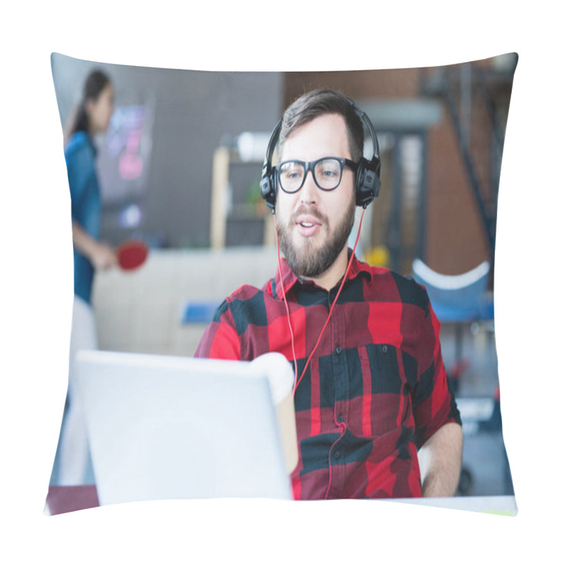 Personality  Portrait Of Modern Bearded Man Wearing Headphones And Glasses Using Video Call  While Sitting At Desk In Modern Office Of IT Developers Company, Copy Space Pillow Covers