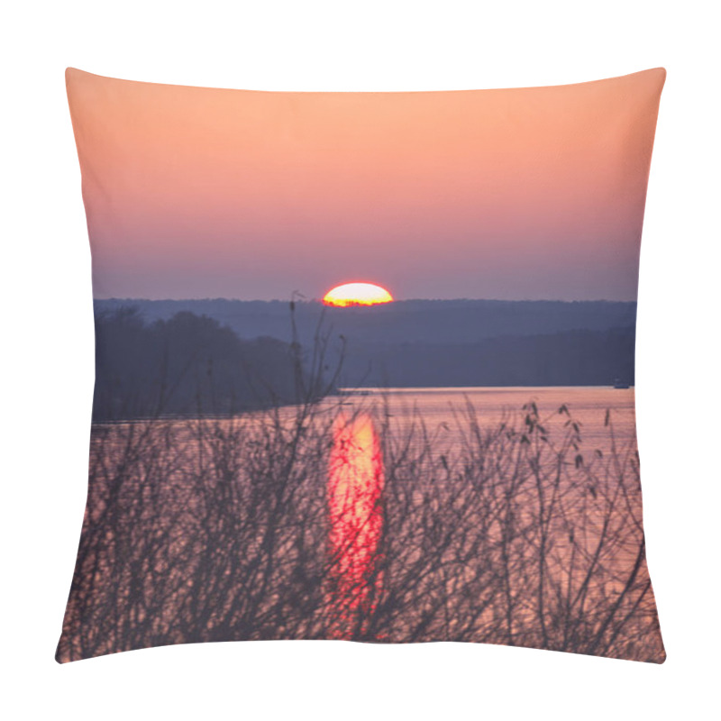 Personality  Sunset Autumn Landscape On A Wide River With Reflections And A Bright Sun Setting Beyond The Horizon. Rural Scene Photo From High Altitude. Pillow Covers