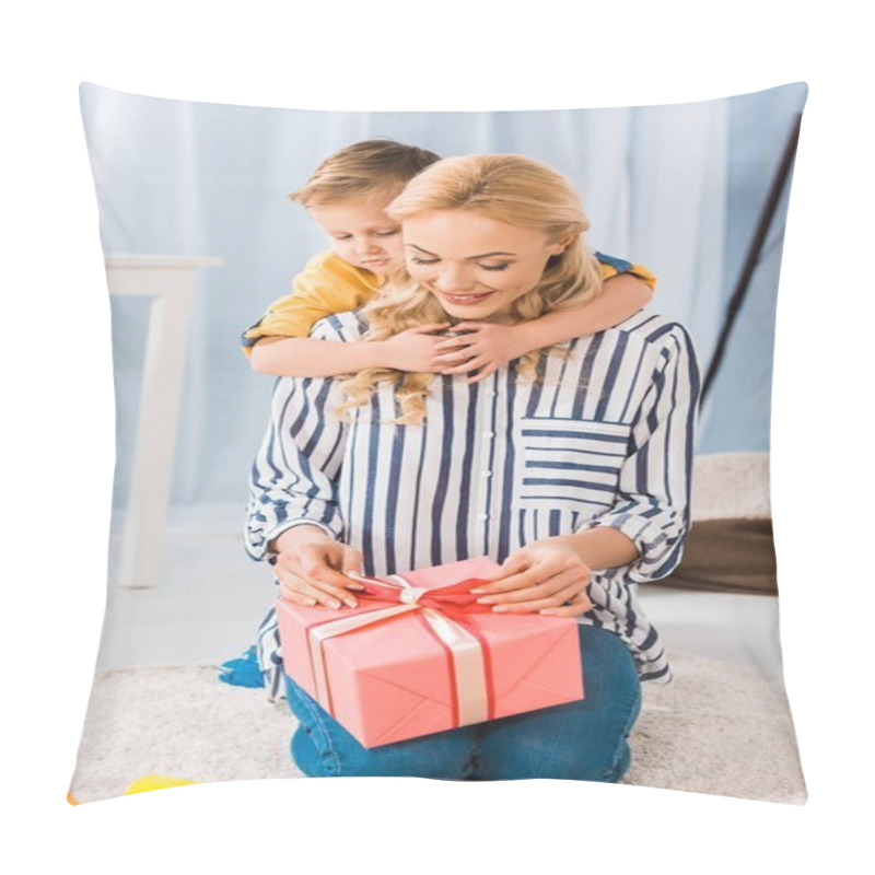 Personality  Little Son Hugging Mother With Wrapped Gift In Hands Pillow Covers