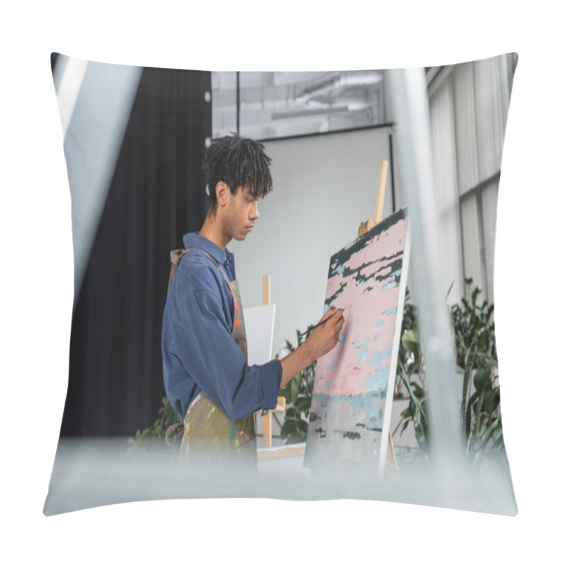 Personality  Side View Of Young African American Artist In Apron Painting On Canvas  Pillow Covers