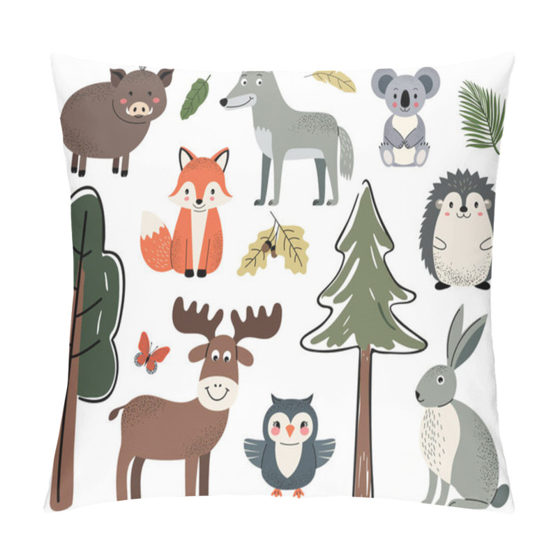 Personality  Set Of Cute Forest Animals. Woodland Animals And Trees. Elk, Fox, Owl, Boar, Hedgehog, Koala, Rabbit. Pillow Covers