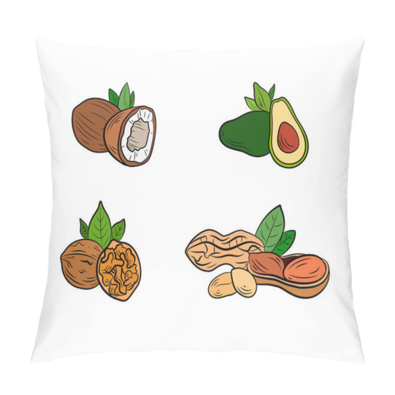 Personality  Vector Set Of Healthy Eating Products, Coconut, Avocado, Walnut And Peanut Isolated On White Background, Colorful Illustration. Pillow Covers