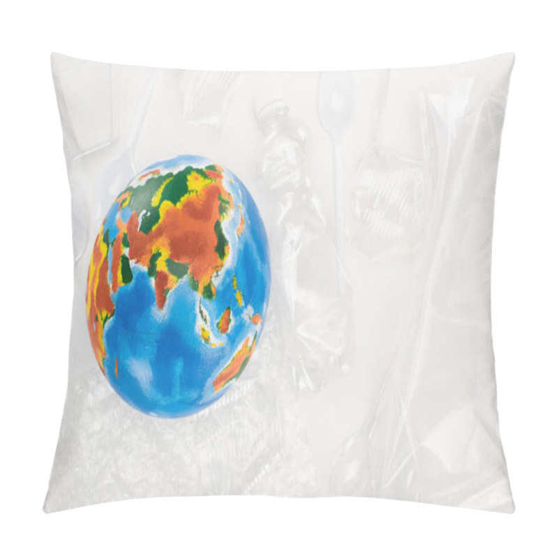 Personality  Top View Of Globe On Plastic Garbage On White Background, Global Warming Concept Pillow Covers