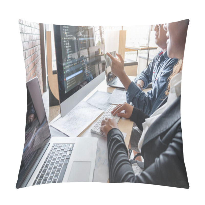 Personality  Programmers Cooperating At Developing Programming And Website Working In A Software Develop Company Office, Writing Codes And Typing Data Code, Programming With HTML, PHP And Javascript. Pillow Covers