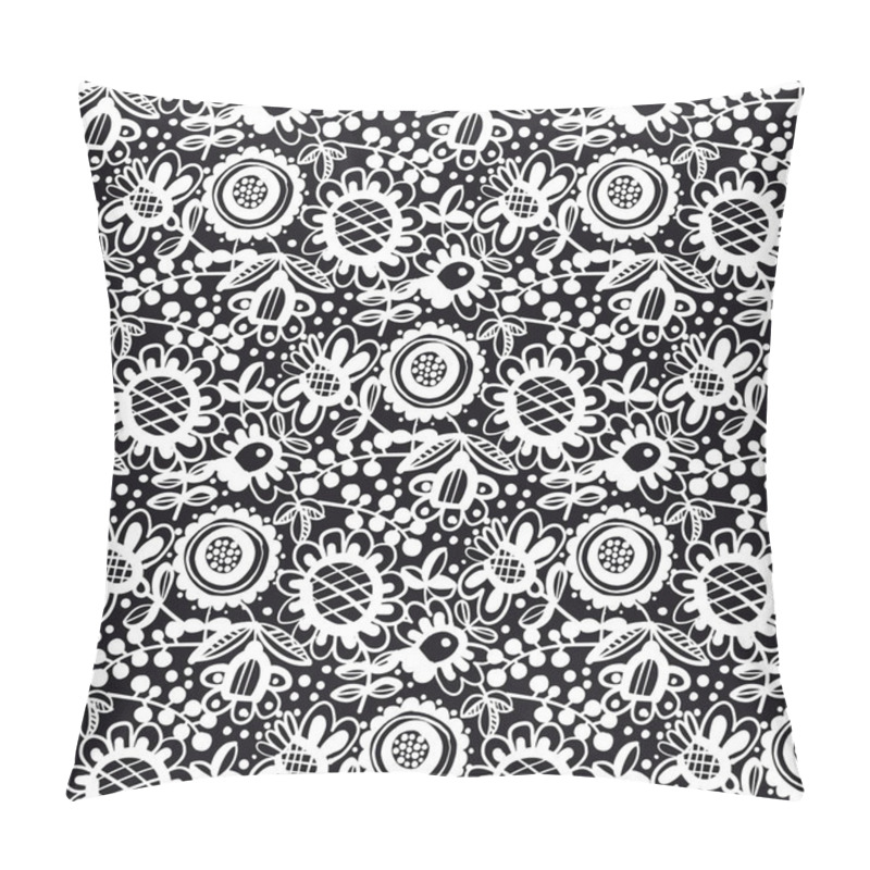 Personality  Naive Folk Style Flowers Seamless Pattern For Background, Fabric, Textile, Wrap, Surface, Web And Print Design. Black And White Colors Hand Drawn Lace Flowers Textile Rapport. Pillow Covers