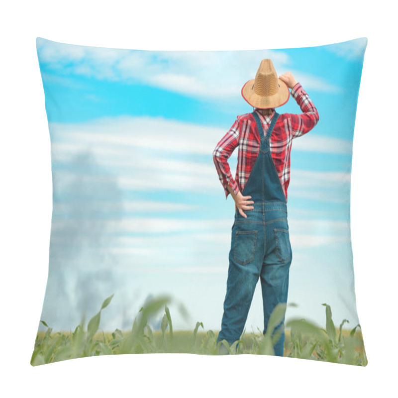 Personality  Concerned Female Farmer In Corn Field Looking At Black Smoke On Horizon, Concept Of Insurance In Agriculture And Farming Pillow Covers