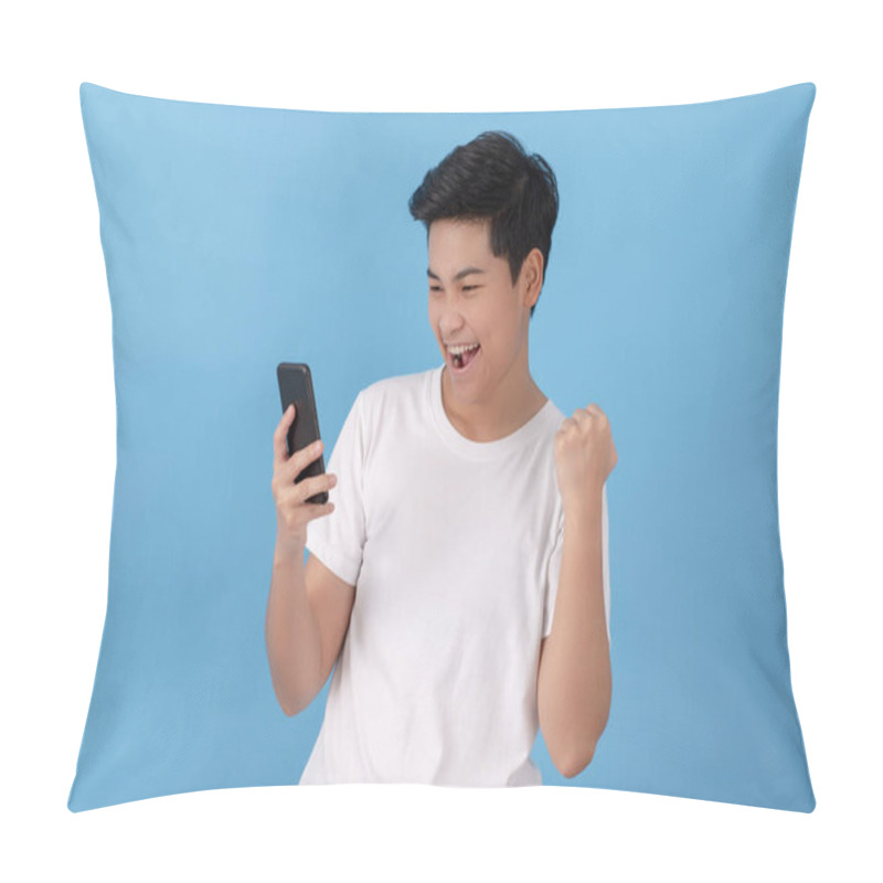 Personality  Asian People Are Happy While Looking Messages On Smartphones. Isolated On A Light Blue Background In The Studio. Pillow Covers