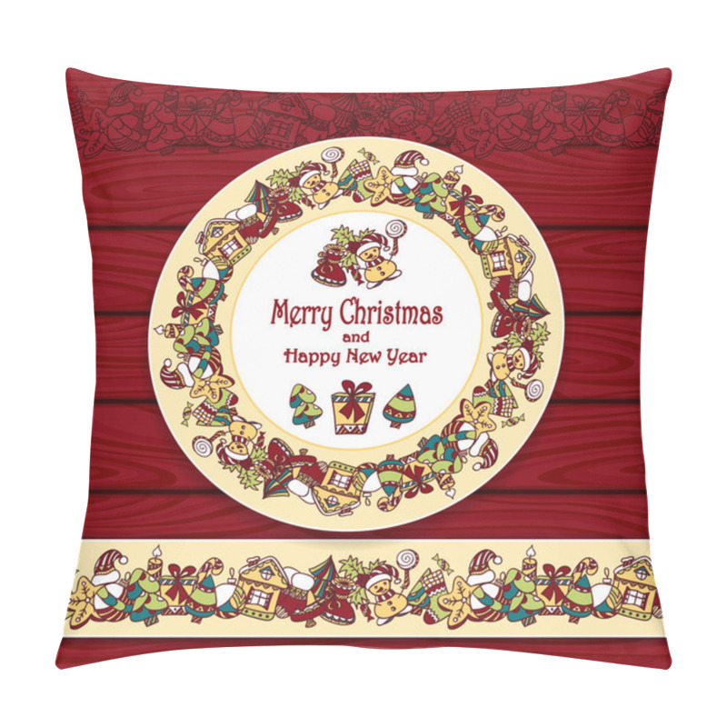 Personality  Circle Frame And Border From Christmas  Elements On Red Wood Background Pillow Covers