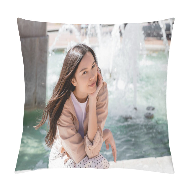 Personality  Pleased Woman Looking At Camera Near Fountain On Blurred Background Pillow Covers