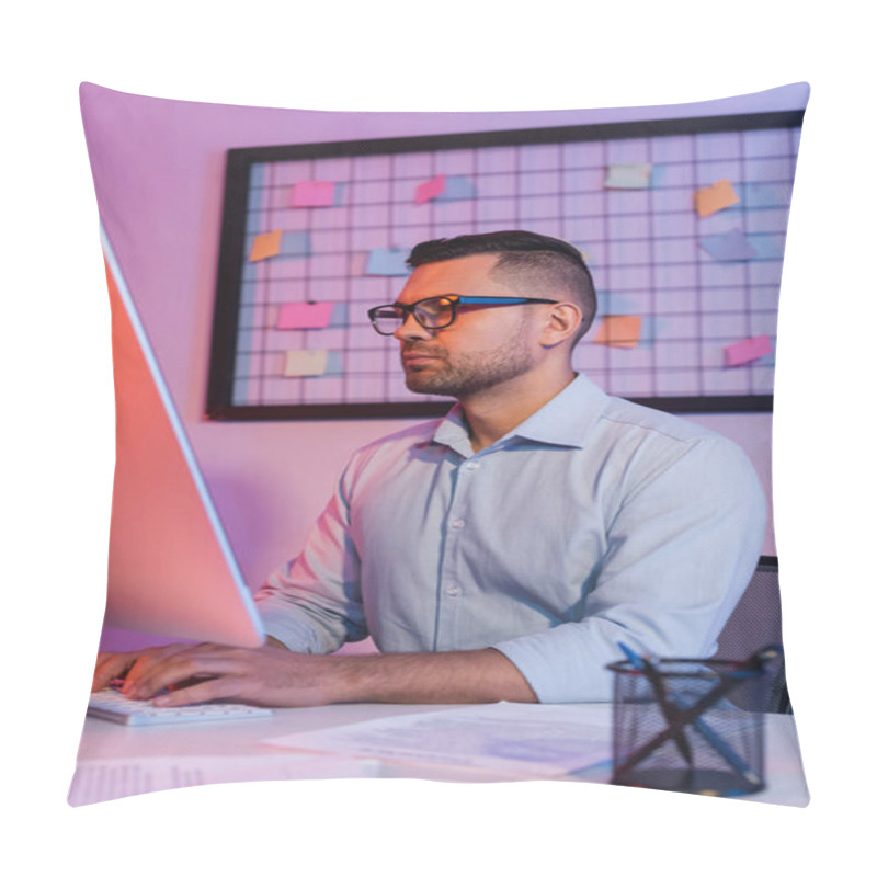 Personality  Businessman In Glasses Typing On Computer Keyboard And Looking At Monitor  Pillow Covers