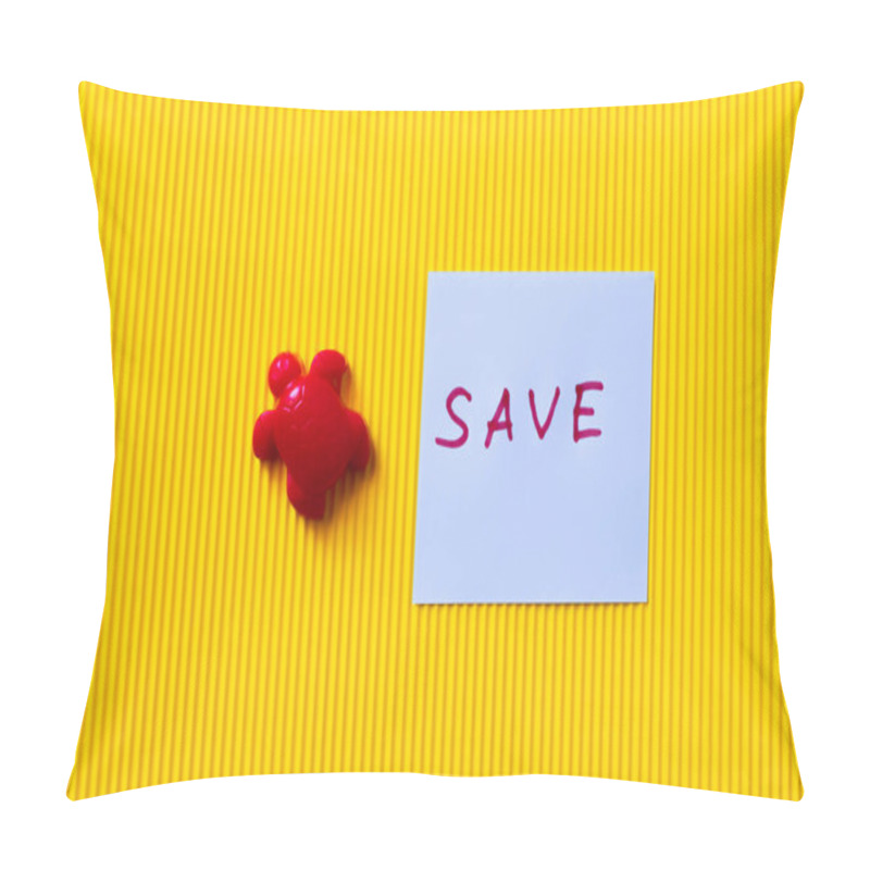 Personality  Top View Of Red Toy Turtle Near Paper With Save Lettering On Textured Yellow Background Pillow Covers