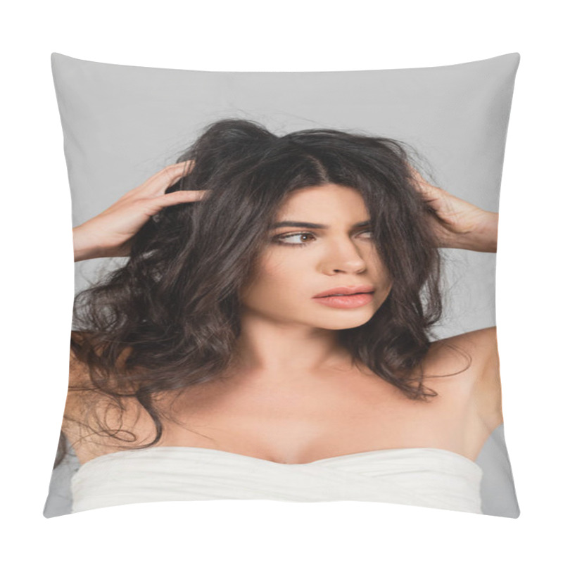 Personality  Dissatisfied Woman Touching Tousled Hair And Looking Away Isolated On Grey Pillow Covers