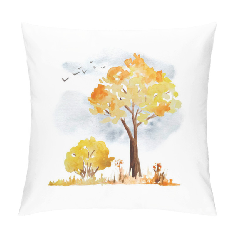 Personality  Watercolor Hand Drawn Illustration With Orange Yellow Autumn Fall Tree, Bush, Sky And Flying Birds. Wild Forest Woodland Outdoor Adventure Camping Park, For Nature Lovers. Season Design Maple Oak. Pillow Covers