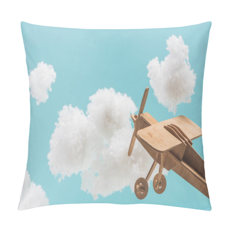 Personality  Wooden Toy Plane Flying Among White Fluffy Clouds Made Of Cotton Wool Isolated On Blue Pillow Covers