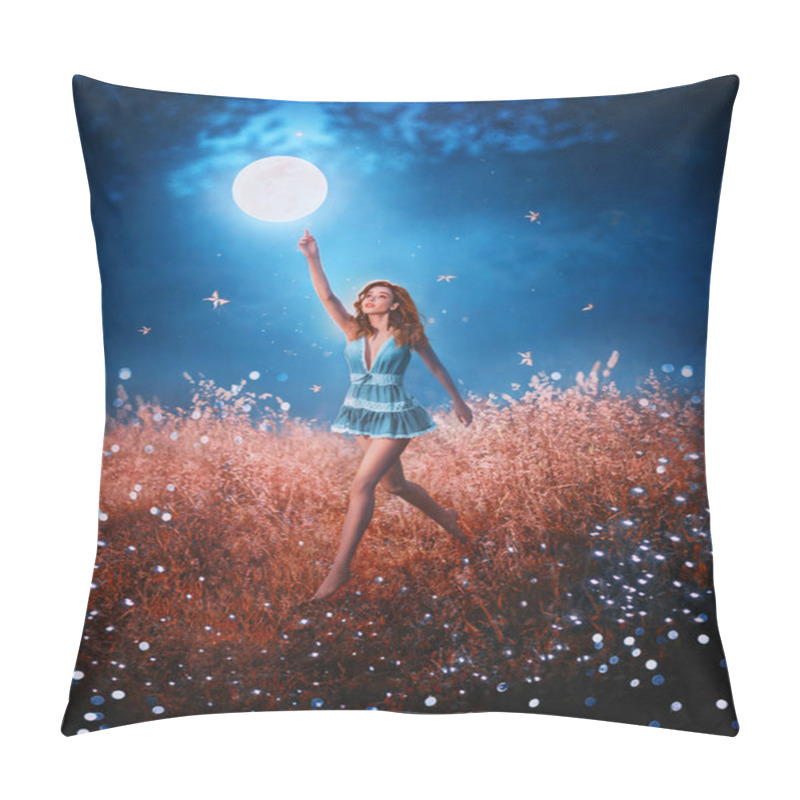 Personality  Pretty Leggy Beauty With Flying Flowing Hair Runs Through Field Of Fallen Stars Behind Mystical Floating Moon. Amazing Art Photo With Creative Colors. Girl In Image Of Night Fairy In Short Blue Dress Pillow Covers