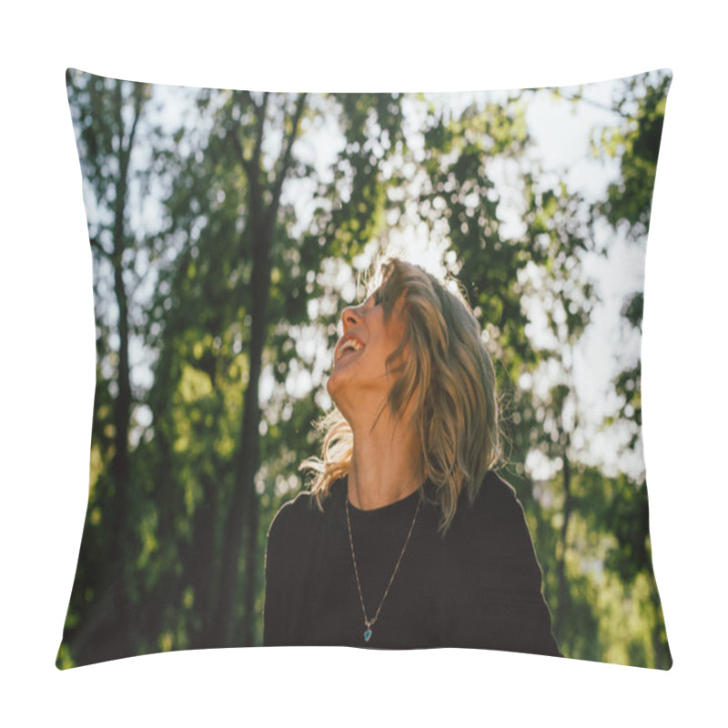 Personality  Portrait Of A Happy Blonde Woman, Walking In A Park, Laughing And Looking To The Side Pillow Covers