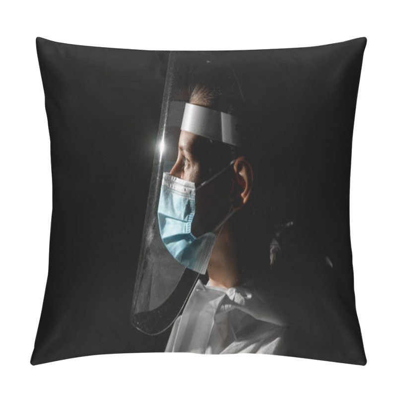 Personality  View Of Young Girl In Medical Mask And Protective Screen Pillow Covers