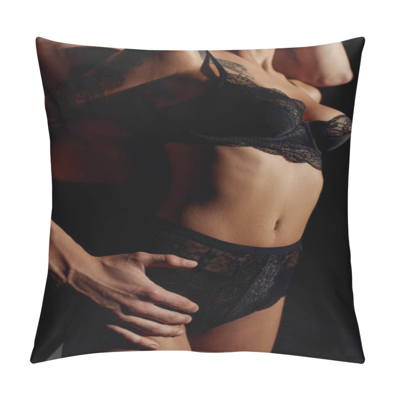 Personality  Partial View Of Man Embracing Young Woman In Lace Underwear Isolated On Black Pillow Covers