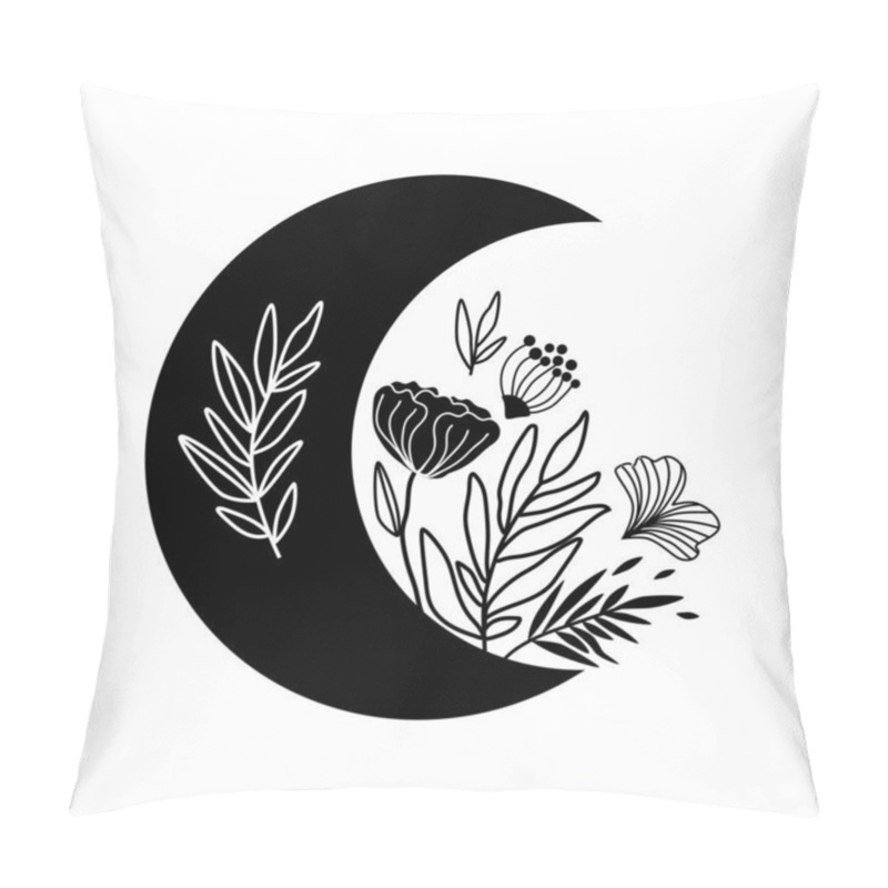 Personality  Floral Moon Logo. Beauty Black Moon Tattoo. Celestial Crescent Isolated. Hand Drawing Moon With Flowers And Leaves. Boho Element, Tribal Moon Shape Graphic Design. Ramadan Symbol. Vector Illustration. Pillow Covers