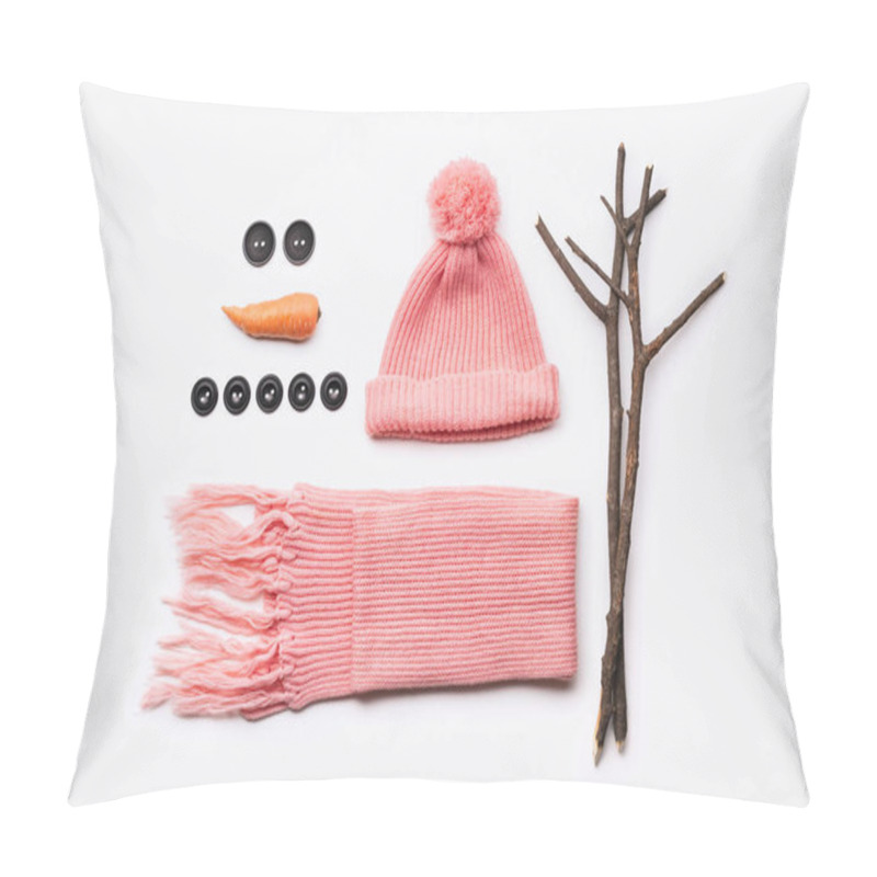 Personality  Instructions For The Design Of A Snowman. Hat, Scarf, Carrot, Buttons And Tree Branches - Set For Winter Fun Pillow Covers