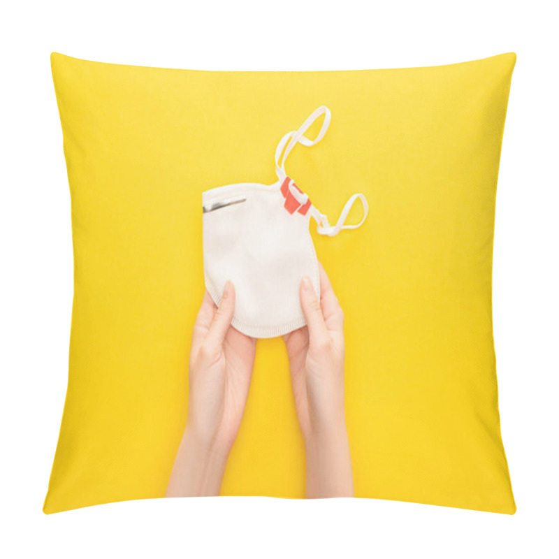 Personality  Partial View Of Woman Holding Safety Mask On Yellow Background Pillow Covers