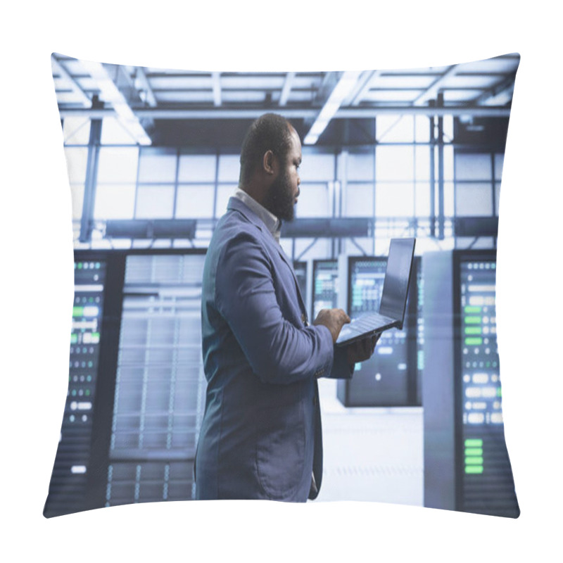 Personality  Software Developer In Server Room Using Laptop To Implement And Maintain Security Measures, Protecting Systems From Unauthorized Access. African American Man In Data Center Doing Hardware Maintenance Pillow Covers