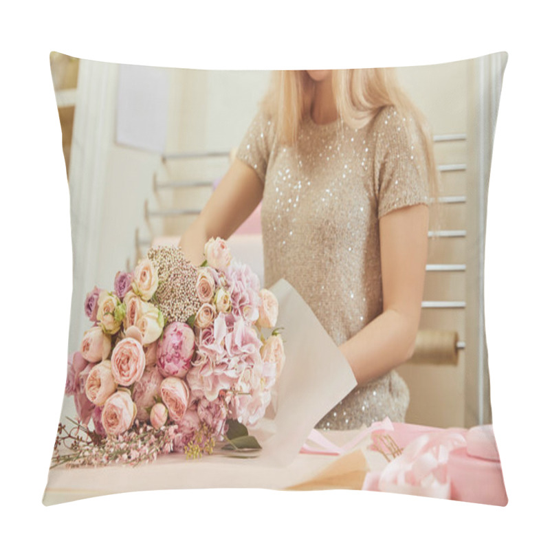 Personality  Partial View Of Florist Wrapping Bouquet Of Roses And Peonies At Workplace Pillow Covers