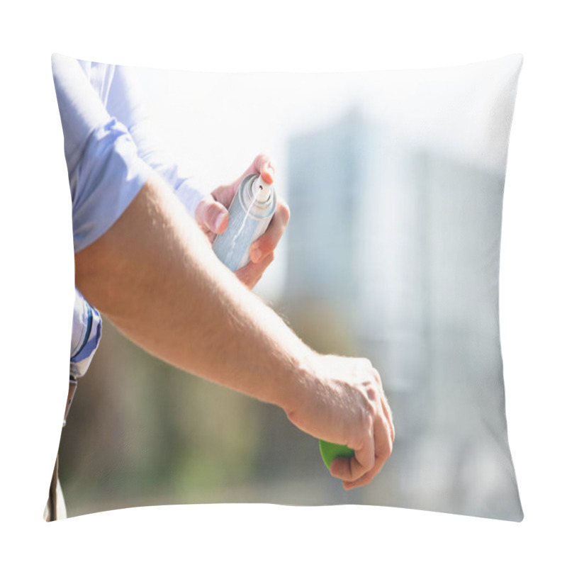 Personality  Man Spraying Anti Insect Deet Spray On Skin Over His Arm Outdoors Pillow Covers