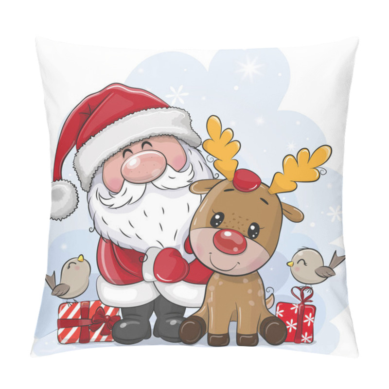 Personality  Cute Cartoon Santa Claus With Deer On A Blue Background Pillow Covers