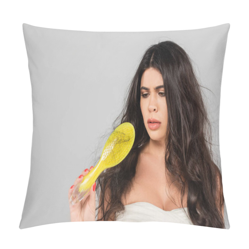 Personality  Sad Brunette Woman With Tangled Hair Looking At Hair Brush Isolated On Grey Pillow Covers