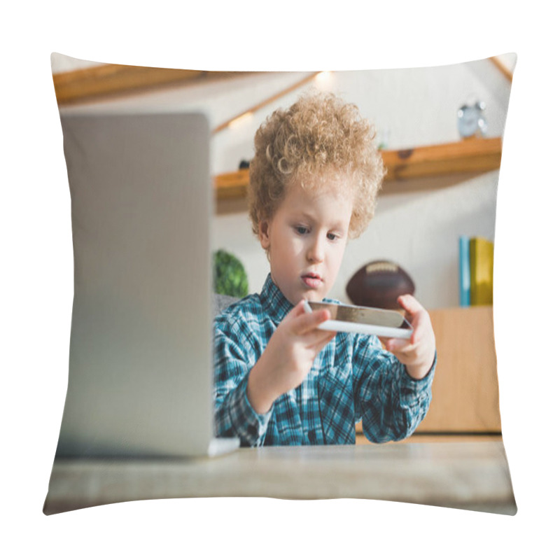 Personality  Selective Focus Of Smart Child Looking At Smartphone Near Laptop  Pillow Covers