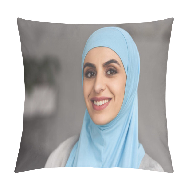 Personality  Portrait Of Smiling Beautiful Muslim Woman In Hijab At Home Pillow Covers