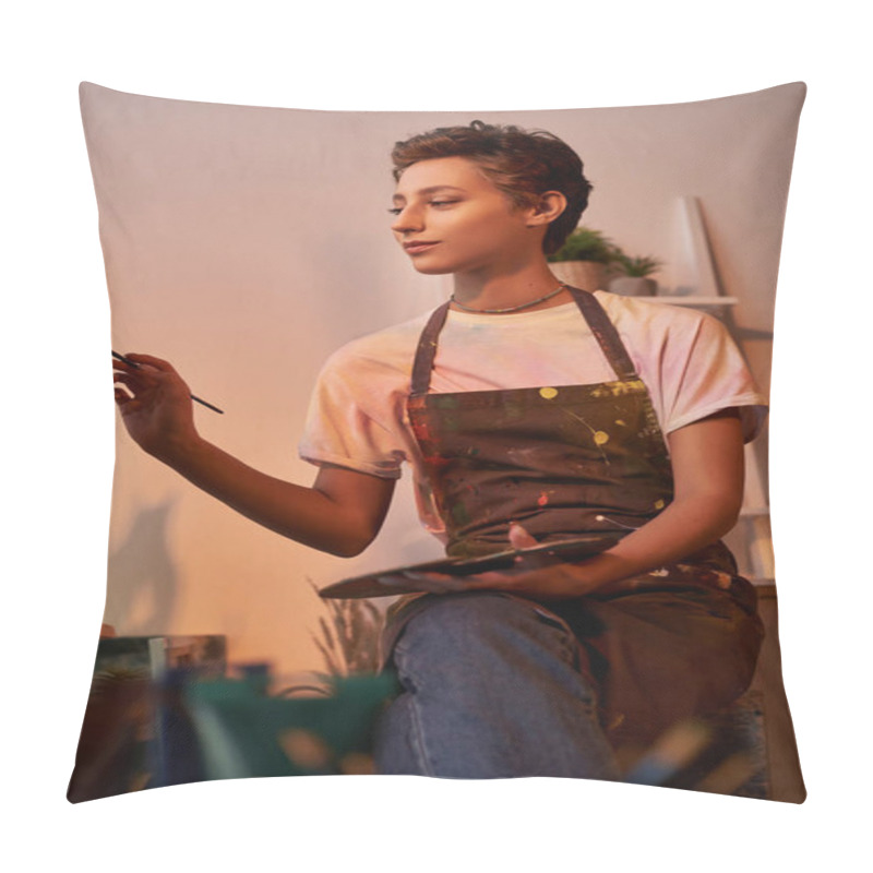 Personality  A Young Woman With Short Hair Diligently Paints A Vivid Picture At Home, Expressing Her Artistic Passion. Pillow Covers