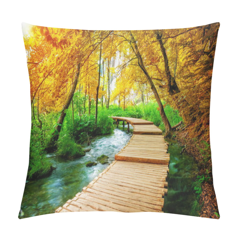 Personality  Beautiful Wooden Path Trail For Nature Trekking With Lakes And Waterfall Landscape In Plitvice Lakes National Park, UNESCO Natural World Heritage And Famous Travel Destination Of Croatia. Pillow Covers