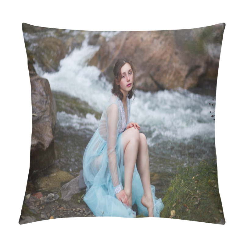 Personality  The Tale Of The Mermaid. Tale Of The River Nymph. Girl In A Blue Dress By The River. Photosession In Altai Pillow Covers