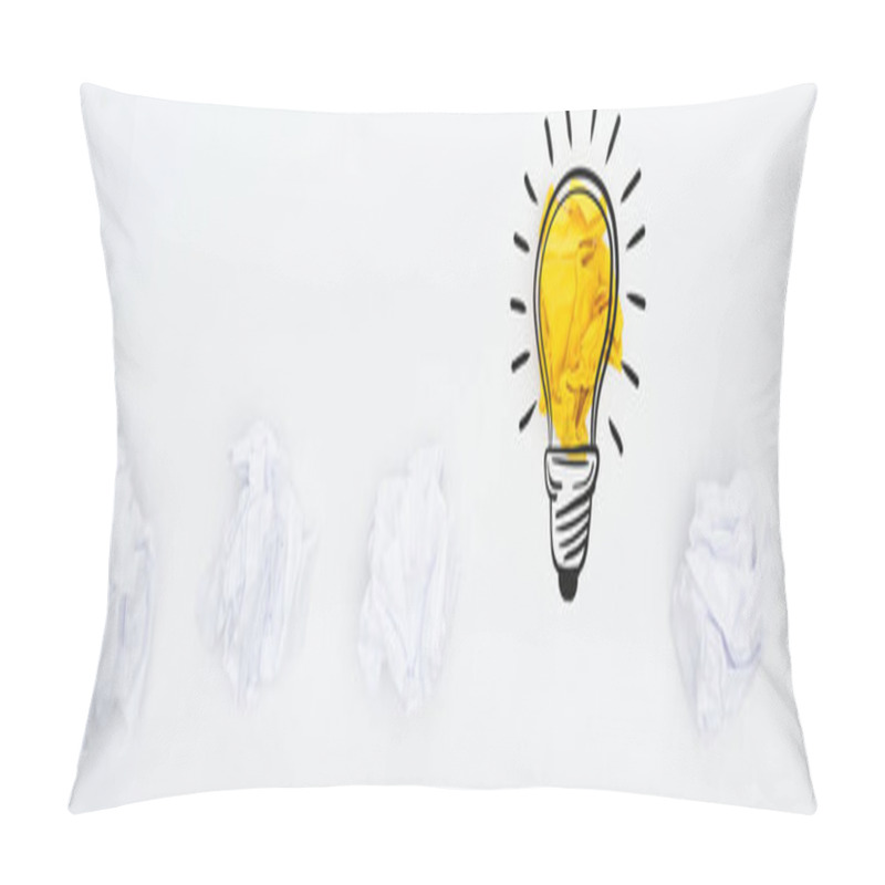 Personality  Panoramic Shot Of Crumpled Paper Balls And Light Bulb Illustration On White Background, Business Concept Pillow Covers