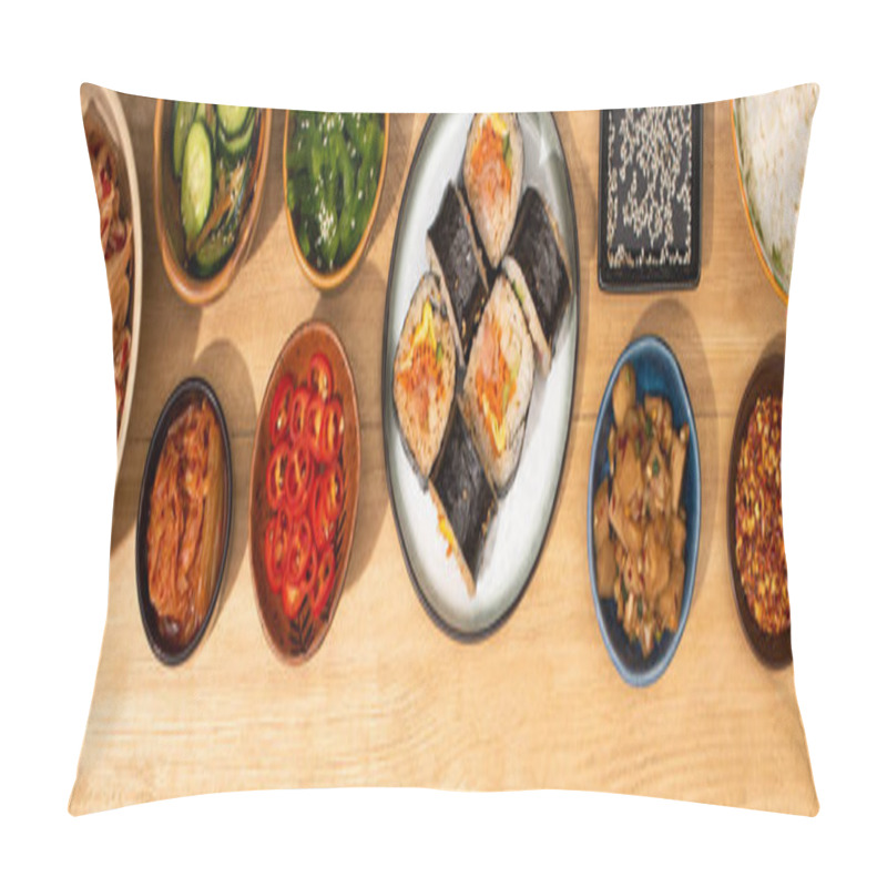 Personality  Panoramic Shot Of Bowls With Korean Side Dishes Near Gimbap On Plate  Pillow Covers