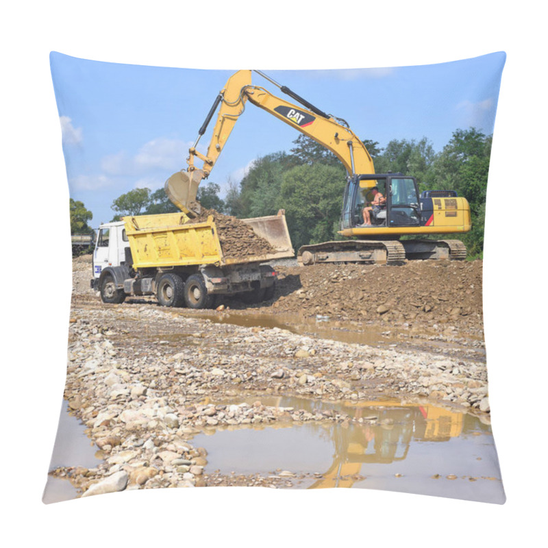 Personality  Kalush, Ukraine - August 18, 2018: Loading Gravel In The Car Body On The Construction Of A Protective Dam Near The Town Of Kalush. Pillow Covers