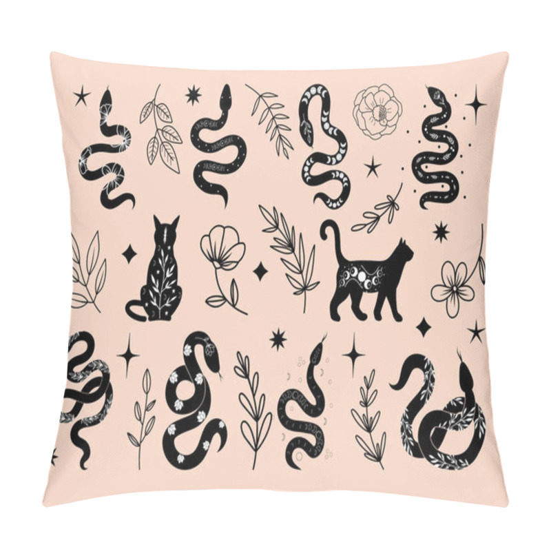 Personality  Set Of Mystical Celestial Black Cats And Snakes, Flowers And Branches, Vector Floral And Fauna Illustration, Mystical Floral Elements And Animals Pillow Covers