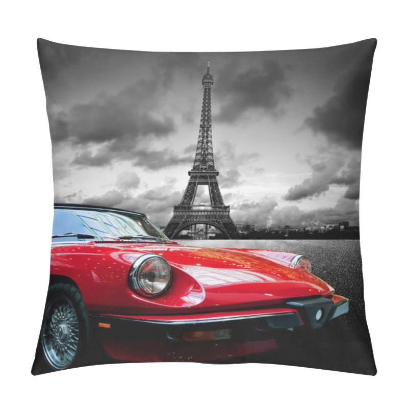 Personality  Eiffel Tower,  Retro Red Car. Pillow Covers