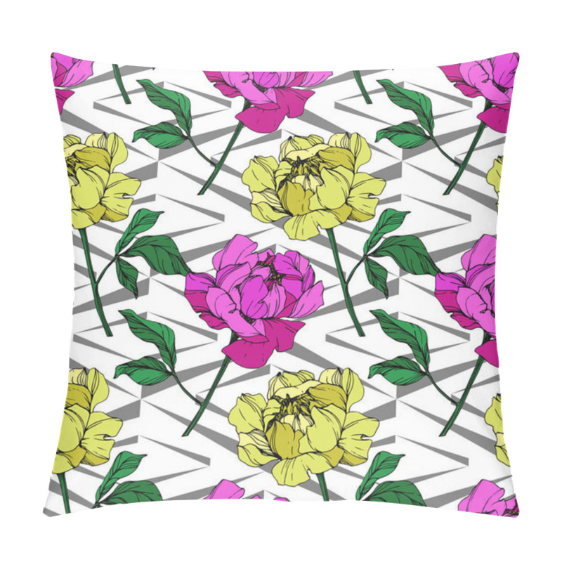 Personality  Vector Purple And Yellow Peonies Illustration With Geometrical Ornament. Engraved Ink Art. Seamless Background Pattern. Fabric Wallpaper Print Texture. Pillow Covers