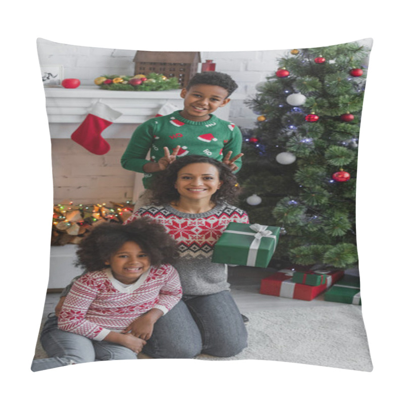 Personality  Cheerful African American Boy Showing Bull Horns Gesture Near Mother With Christmas Gift Pillow Covers