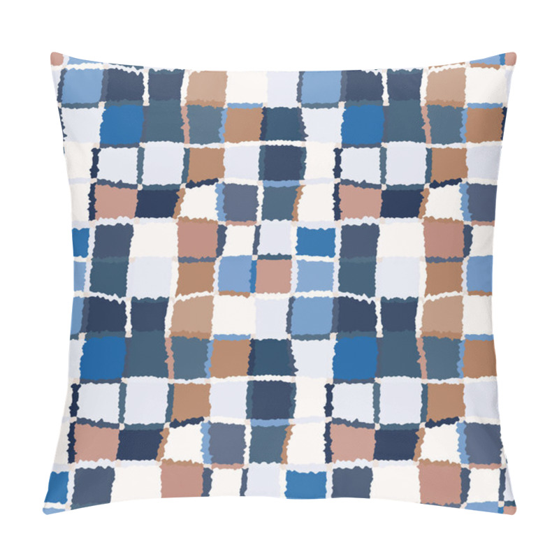 Personality  Seamless Geometric Mosaic Checked Pattern. Background Of Woven Rectangles And Squares. Patchwork, Ceramic, Tile Texture. Blue, Brown, White, Contrast Colors. Vector Pillow Covers