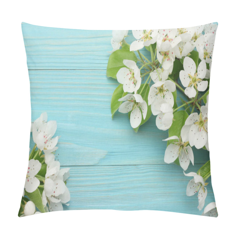 Personality  Spring Background With White Flowers Blossoms On Blue Wooden Background. Top View Pillow Covers