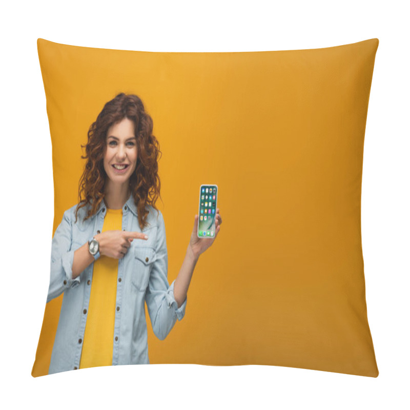 Personality  Cheerful Curly Redhead Woman Pointing With Finger At Iphone On Orange  Pillow Covers