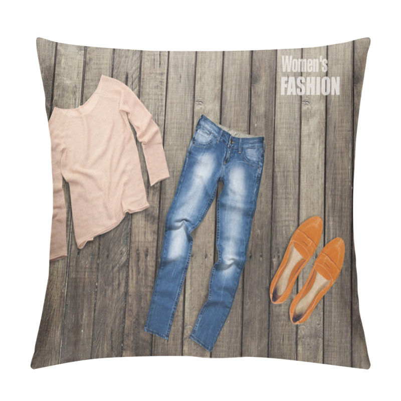 Personality  Women's Clothing On A Brown Wooden Background Pillow Covers