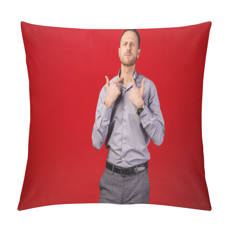 Personality  Unhealthy Man Suffering From Neck Pain Or Sore Throat Over Red Background. Health Problem Concept Pillow Covers